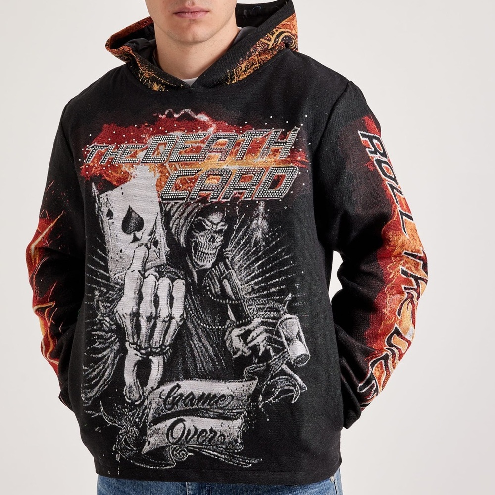 Majestik “The Death Card Game Over” Rhinestone Tapestry Hoodie Size Large